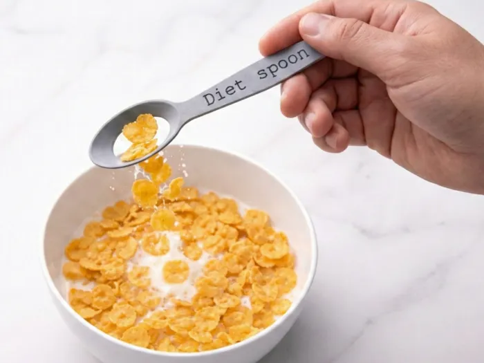 A printed spoon with a slotted bowl lifting cereal out of milk.